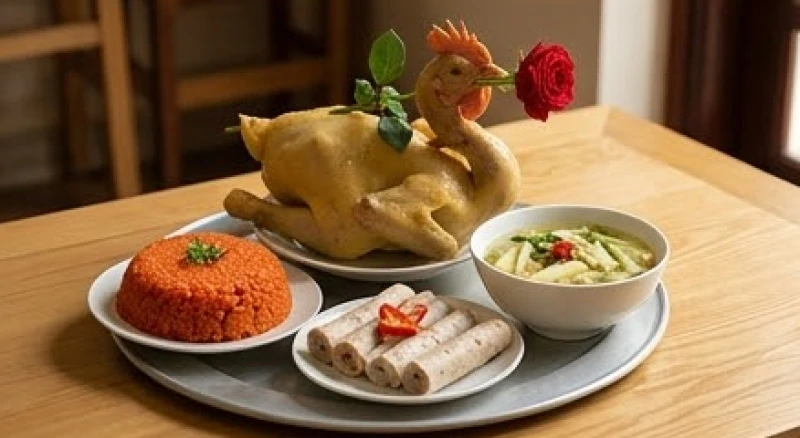 Mâm cúng mặn tươm tất dâng gia tiên với gà luộc ngậm hoa hồng, xôi gấc và canh măng