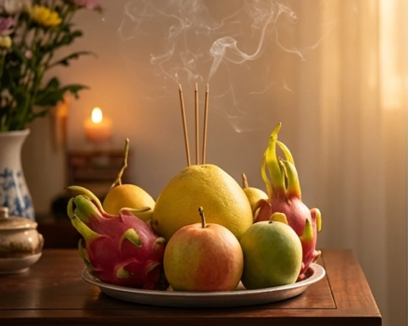 Mâm ngũ quả tươi ngon được sắp xếp trang trọng trên bàn thờ gia tiên, nghi ngút khói nhang mờ ảo và thanh tịnh