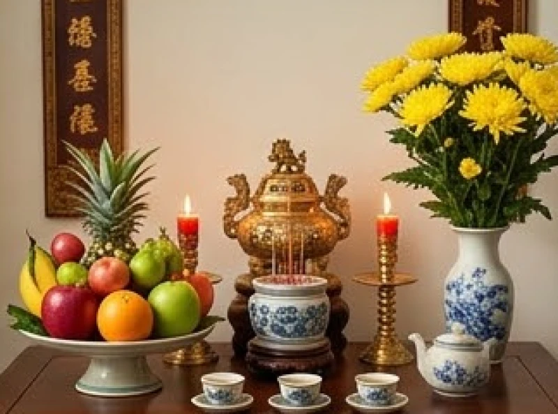 Văn khấn tất niên gia tiên: Bản Nôm chuẩn và trình tự nghi lễ 6 Bàn thờ gia tiên được bài trí cân xứng với bình hoa tươi bên phải và mâm ngũ quả bên trái