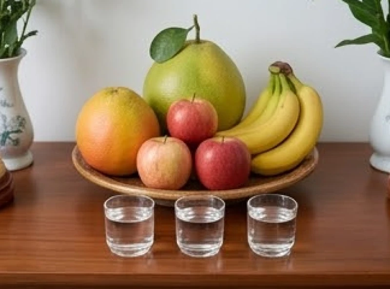 Mâm ngũ quả tươi ngon cùng ba chén nước thanh khiết được sắp xếp ngay ngắn trước bát hương