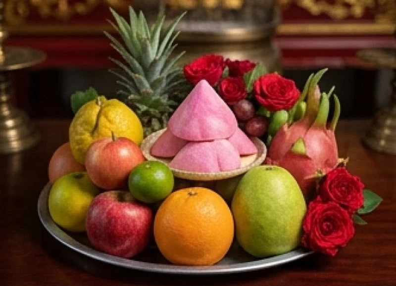 Mâm ngũ quả tươi sáng và oản tài lộc dâng lên ban Tam Tòa Thánh Mẫu