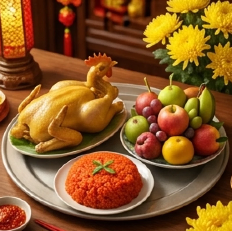 Mâm lễ vật tươm tất với gà luộc, đĩa xôi gấc đỏ, mâm ngũ quả tươi và hoa cúc vàng rực rỡ dâng lên ban thờ