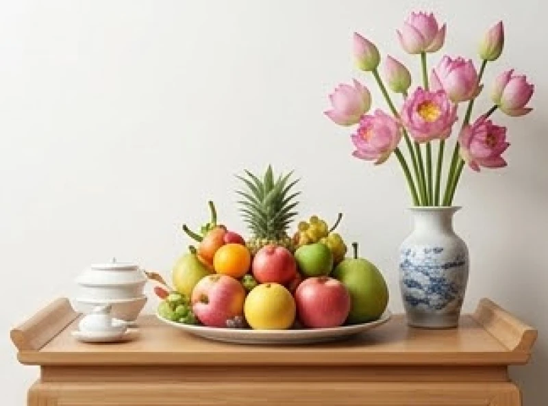 Mâm ngũ quả tươi sáng cùng bình hoa sen thanh khiết được bày biện gọn gàng trên án thờ