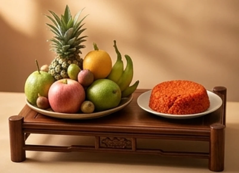 Mâm ngũ quả tươi ngon đan xen màu sắc ngũ hành cùng đĩa xôi gấc đỏ dâng lên bàn thờ Chủ tịch Hồ Chí Minh