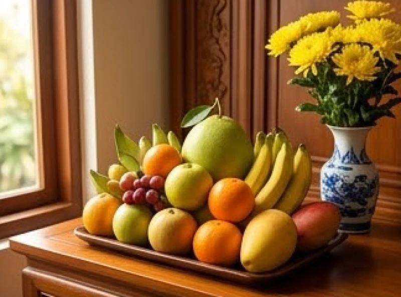 Mâm ngũ quả tươi ngon và bình hoa cúc vàng được chuẩn bị cho lễ sái tịnh