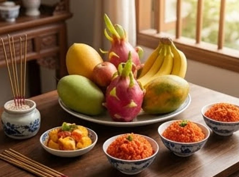 Đĩa trái cây năm màu thanh mát và các phần xôi chè dâng lễ dành cho gia đình mong con tuỳ duyên