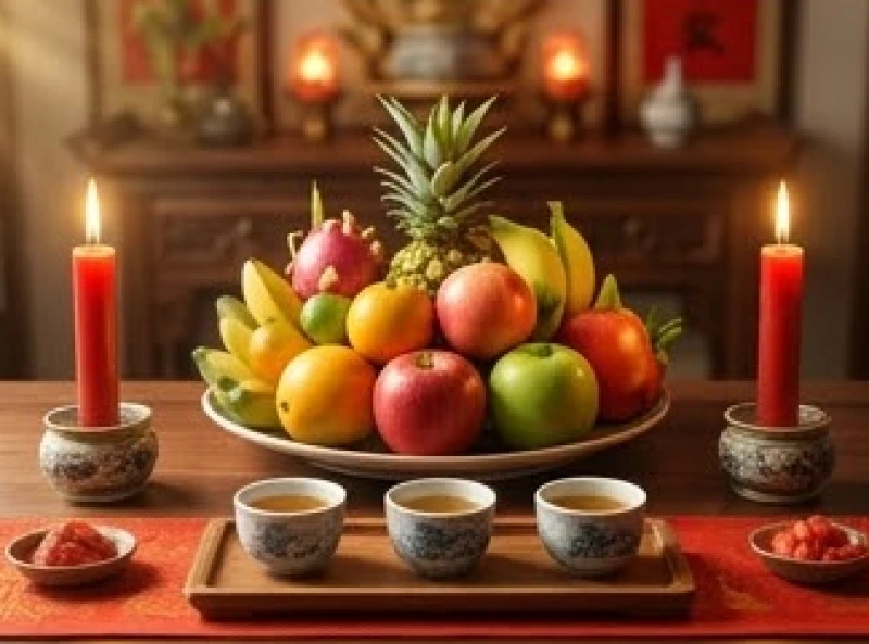 Mâm ngũ quả tươi mát cùng nhang đèn đỏ được bày trí trang nghiêm để làm lễ cúng giải hạn tại nhà