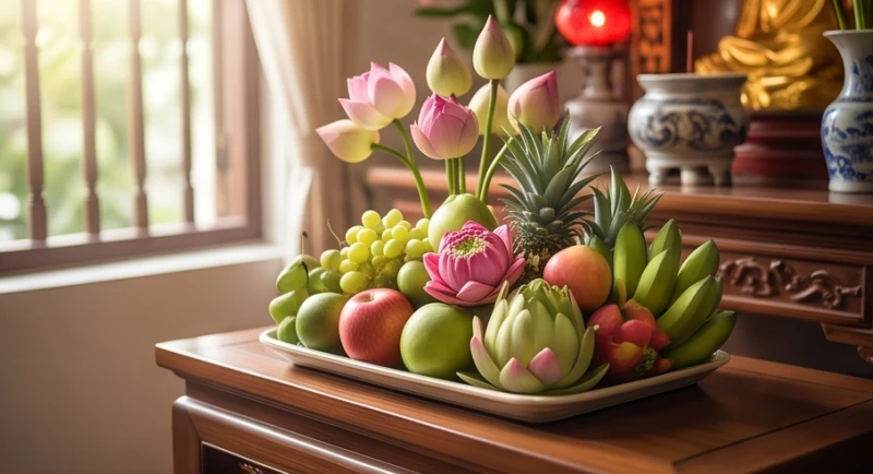 Mâm trái cây và hoa tươi được bày biện trang nghiêm trên bàn thờ thể hiện lòng thành kính