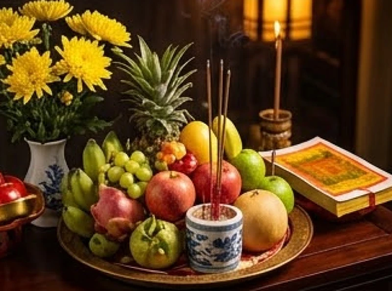 Mâm lễ vật cúng sao gồm trái cây tươi hoa cúc vàng và giấy tiền vàng mã đặt trang trọng