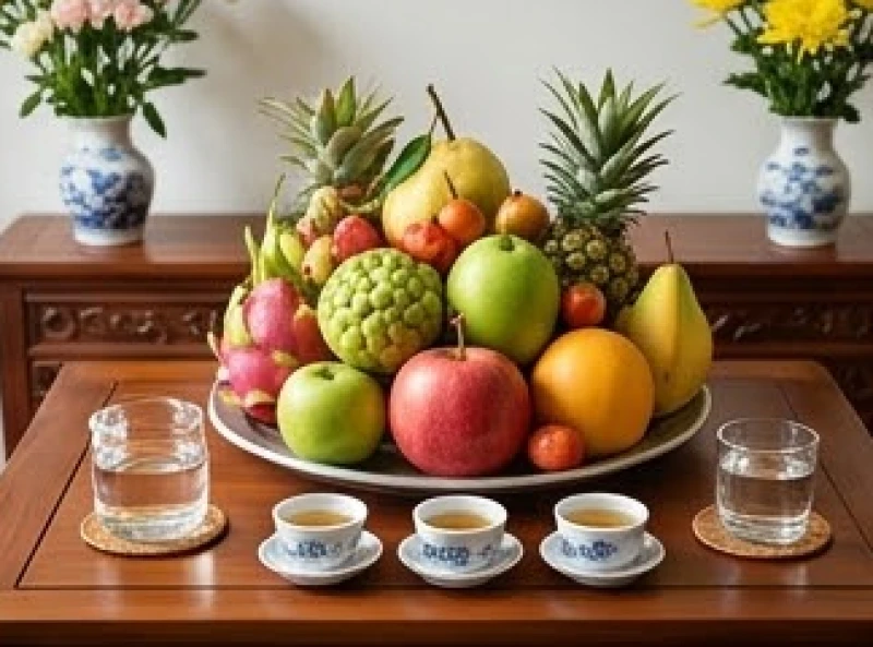 Mâm ngũ quả tươi ngon cùng trà và nước lọc dâng lên Thần linh trong lễ động thổ