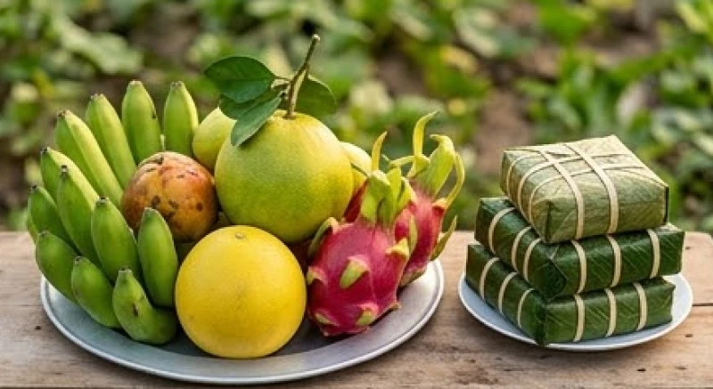 Mâm ngũ quả tươi ngon kết hợp cùng bánh chưng dâng cúng Thổ Địa và Thần Nông