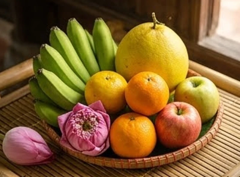 Mâm ngũ quả đủ màu sắc gồm chuối bưởi cam táo được bày biện đẹp mắt cùng hoa sen hồng
