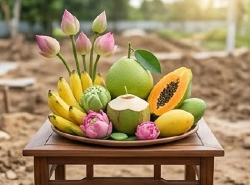 Mâm ngũ quả tươi và nén nhang chuẩn bị cho lễ động thổ xây nhà mới