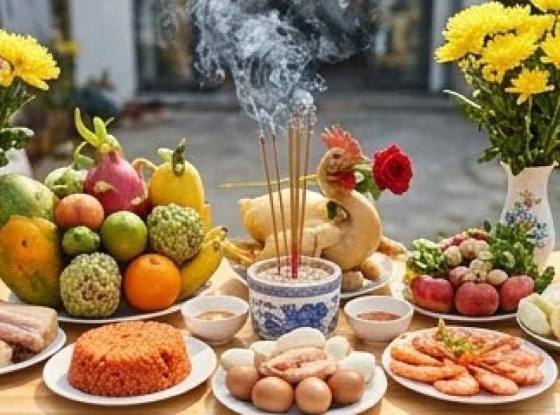 Mâm cúng động thổ cổ truyền có gà luộc ngậm hoa hồng, xôi gấc, tam sên và ngũ quả