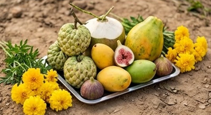 Mâm ngũ quả cúng động thổ theo phong cách miền Nam với mãng cầu, dừa, đu đủ, xoài và sung