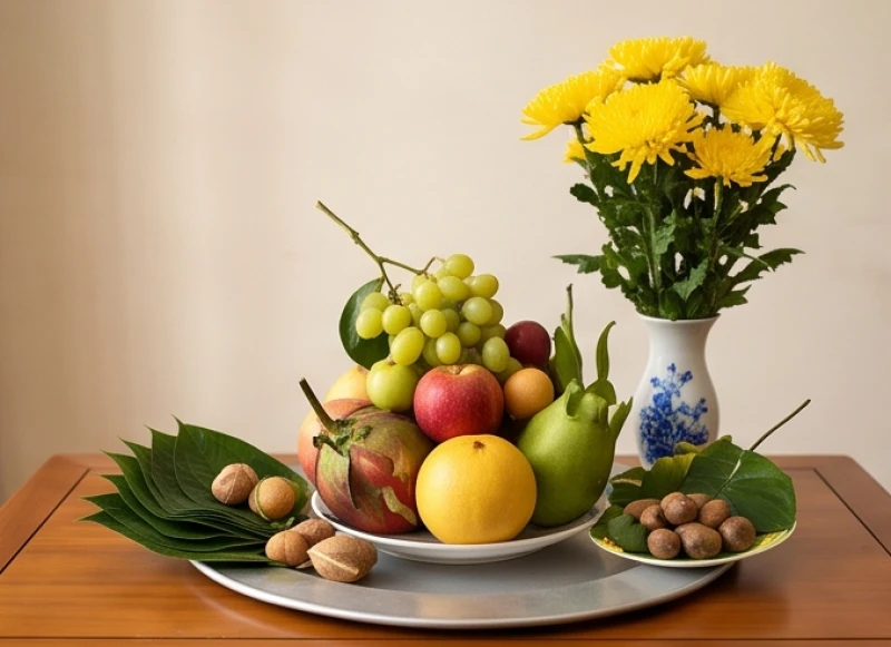 Mâm ngũ quả và hoa tươi dâng lên bàn thờ gia tiên để tạ lỗi tâm linh