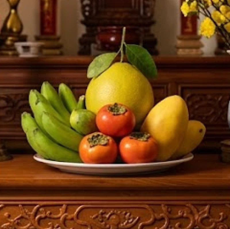 Mâm ngũ quả tươi ngon với chuối xanh, bưởi vàng được xếp đẹp mắt trên bàn thờ