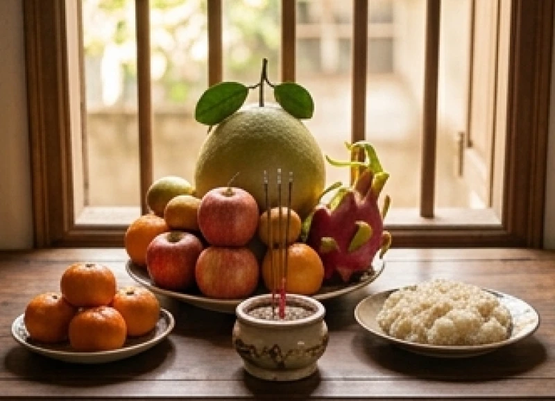 Văn khấn đón trẻ sơ sinh về nhà chuẩn nhất: bài cúng và mâm lễ 3 Mâm ngũ quả tươi sáng và đĩa xôi nếp dâng lên ban thờ gia tiên ngày đón bé về nhà