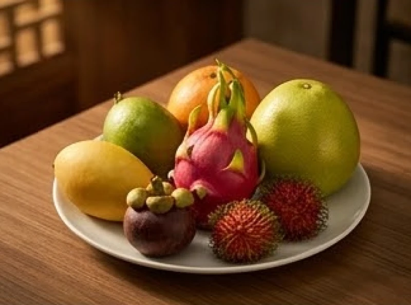 Đĩa trái cây ngũ sắc tươi ngon được bày biện cẩn thận để dâng lên thần linh trong nghi thức nghênh đón