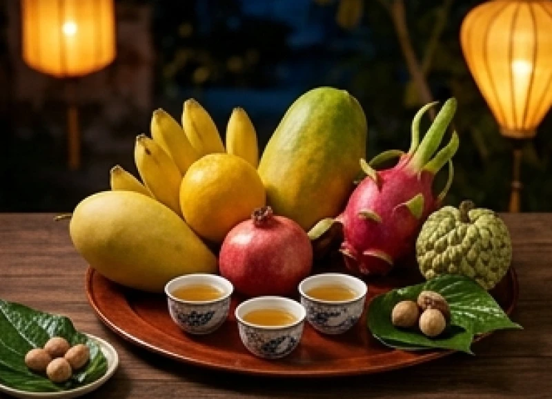 Mâm cúng giải hạn với trái cây ngũ sắc cùng đĩa gạo muối và trầu cau