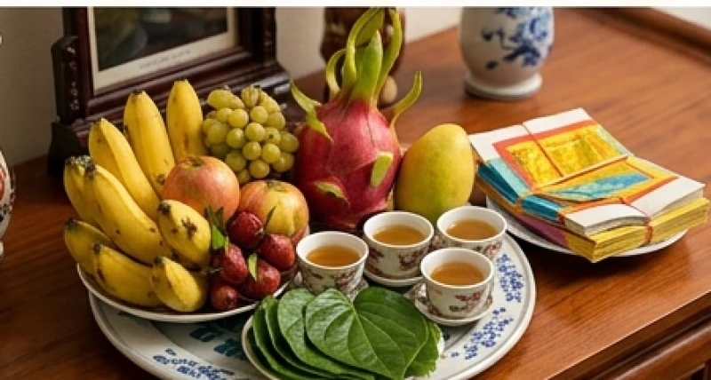Văn khấn hóa vàng gia tiên: Trình tự tiễn ông bà đúng nghi thức 3 Mâm ngũ quả tươi ngon cùng trà rượu và giấy tiền vàng mã trên bàn thờ