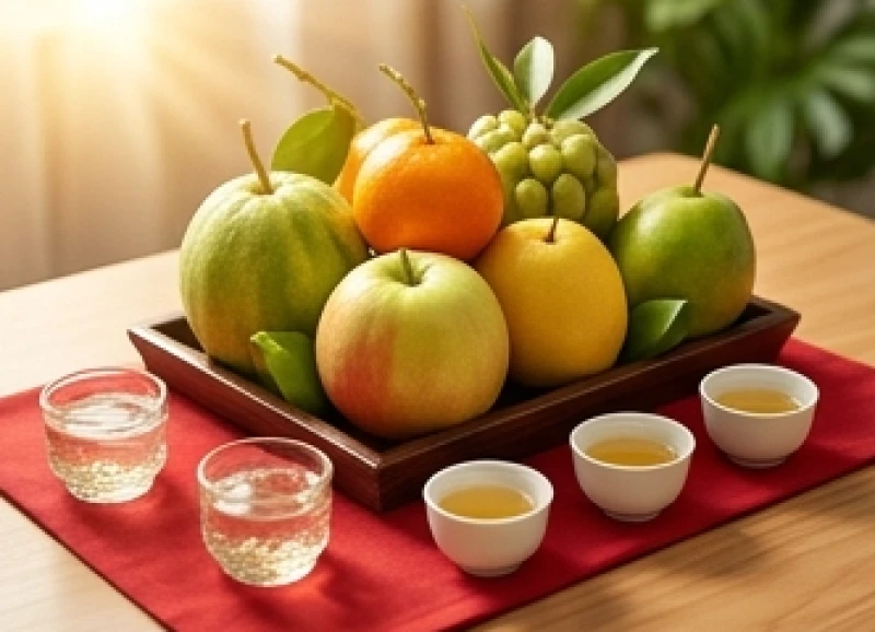 Mâm ngũ quả tươi sáng và ba ly trà rượu được bày biện ngay ngắn trên bàn cúng trước cửa chính