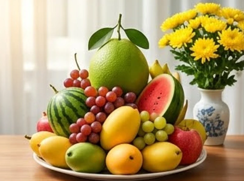 Mâm ngũ quả tươi tươm tất gồm bưởi, dưa hấu và trái cây nhỏ xếp thành hình tháp vững chãi