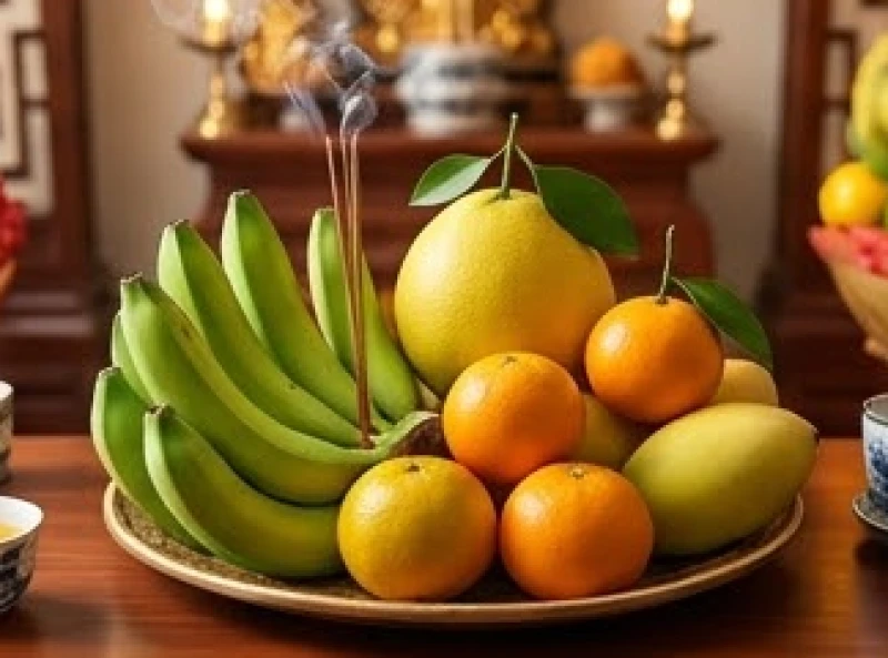 Mâm ngũ quả tươi sáng với nải chuối xanh và bưởi vàng đặt ngay ngắn trên bàn cúng