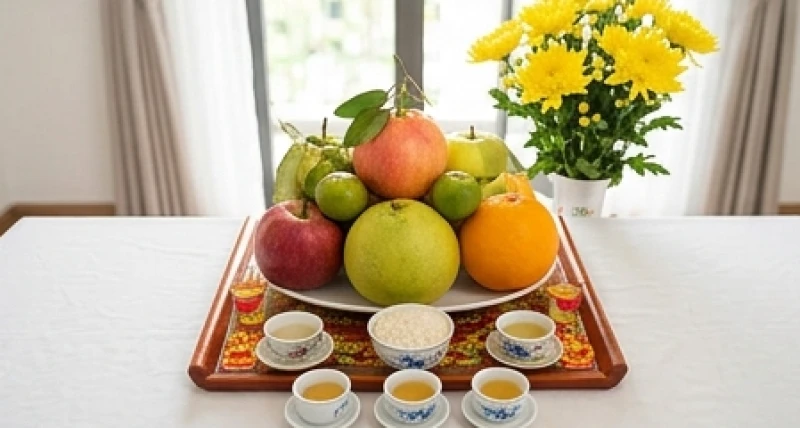 Mâm ngũ quả rực rỡ, lọ hoa cúc vàng cùng các chén trà, rượu và muối gạo được sắp xếp đẹp mắt trên bàn
