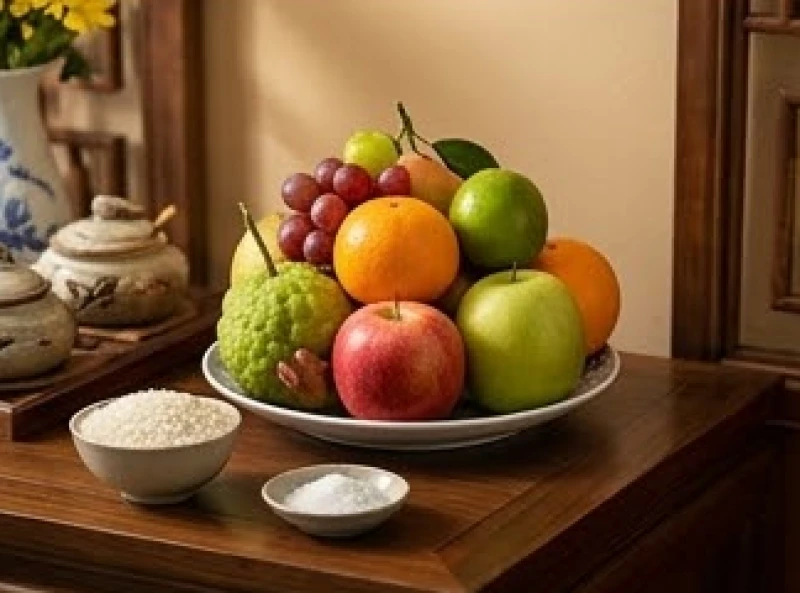 Mâm ngũ quả tươi tắn và hoa cúc vàng được sắp xếp ngay ngắn trên ban thờ gia tiên
