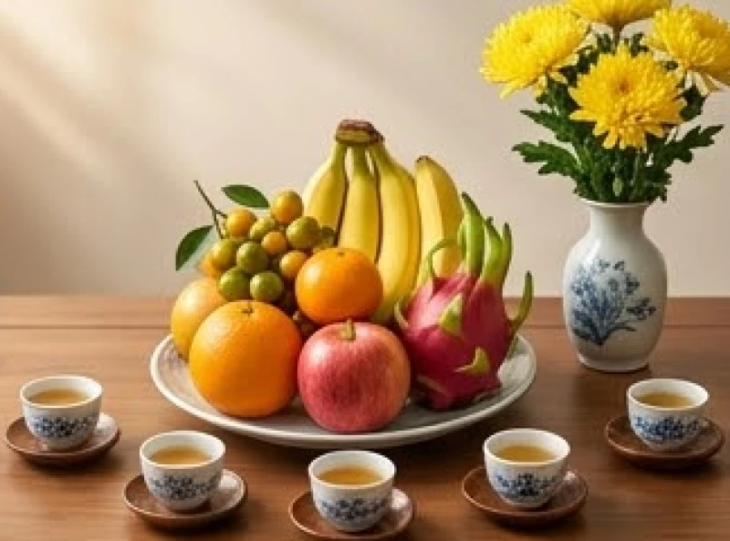Đĩa trái cây năm màu ngũ hành cùng hoa cúc vàng và ly nước trà được bày biện trang nghiêm trên bàn cúng