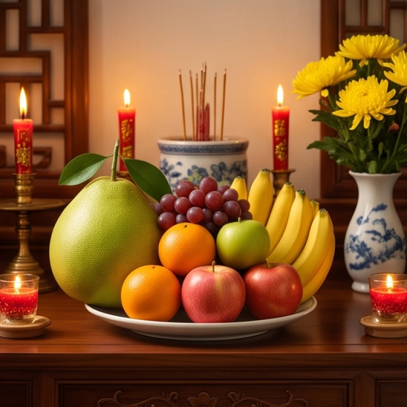 Mâm ngũ quả tươi sáng cùng nến và hoa tươi chuẩn bị cho lễ dâng sao giải hạn