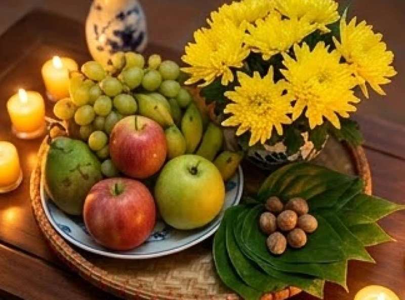 Văn khấn sao Thái Âm tại nhà: Sơ đồ 7 nến & bài cúng chuẩn 5 Mâm ngũ quả tươm tất cùng hoa cúc vàng và trầu cau chuẩn bị cho lễ dâng sao Thái Âm