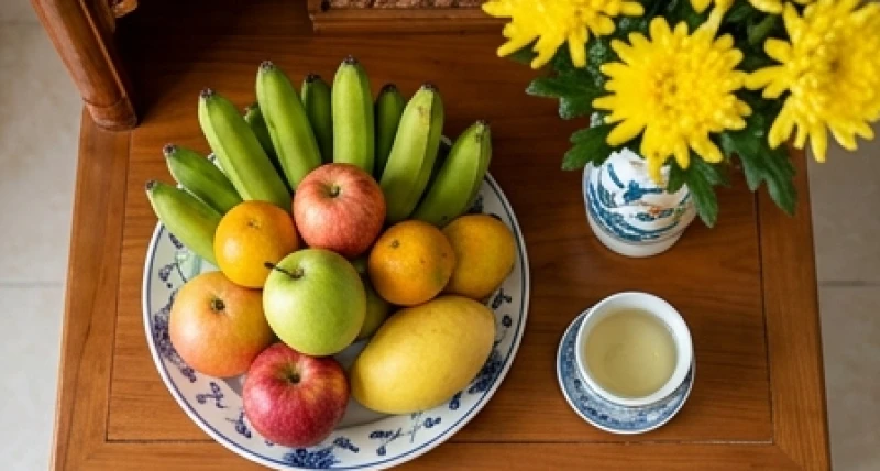 Văn khấn tạ đất đầu năm: Sắm mâm lễ và trình tự cúng bài bản 4 Đĩa hoa tươi và mâm ngũ quả được chuẩn bị kỹ lưỡng cho buổi lễ cúng tạ ơn thần linh