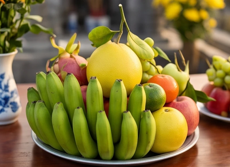 Mâm ngũ quả tươi ngon rực rỡ sắc màu được chuẩn bị kỹ lưỡng để dâng cúng tổ tiên trong lễ chạp mộ