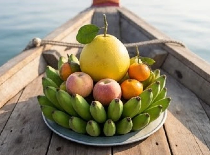 Nải chuối xanh ôm lấy quả bưởi vàng rực rỡ tạo nên mâm ngũ quả chuẩn phong thủy cho tàu thuyền miền Bắc
