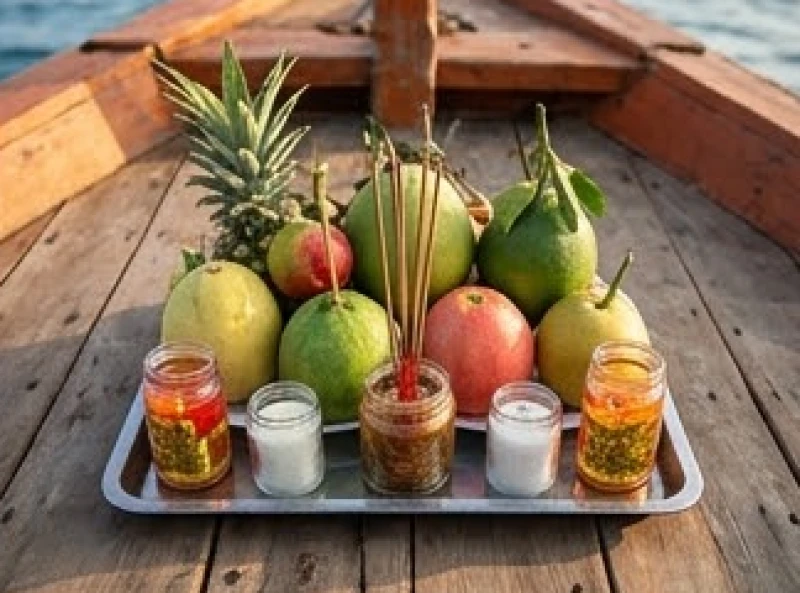 Mâm ngũ quả tươi ngon cùng nhang đèn được xếp vững chãi để cúng trên ghe tàu cá