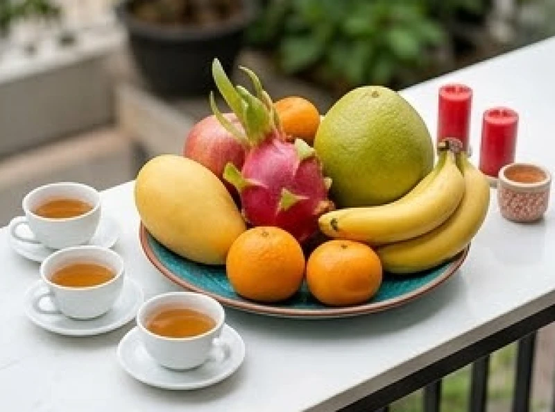 Mâm lễ chay cúng Thái Tuế gồm trái cây tươi, hoa ngũ sắc, trà và giấy tiền vàng mã