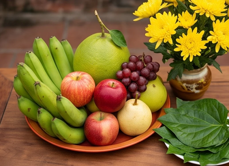 Mâm ngũ quả tươi sáng, trầu cau và bình hoa cúc vàng rực rỡ được dâng lên mâm cúng sửa mái nhà