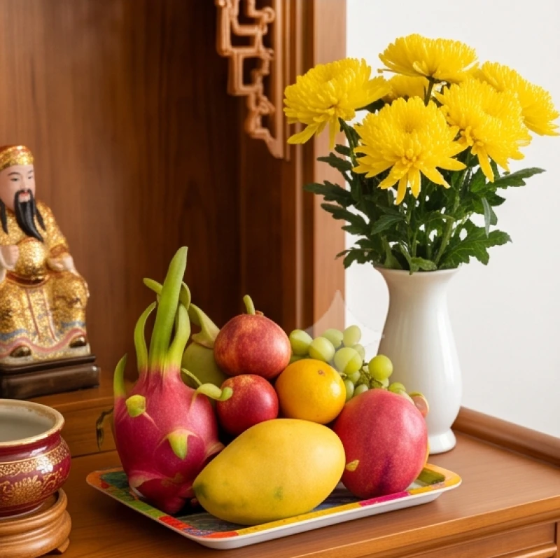 Cách bài trí bàn thờ Thần Tài cho tuổi Ngọ: sơ đồ và thủ tục 11 Đĩa trái cây tươi ngũ sắc và bình hoa cúc vàng rực rỡ được dâng cúng trên bàn thờ Thần Tài