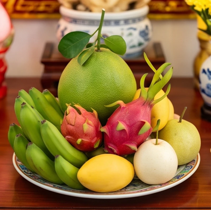 Tuổi Tỵ khai trương ngày nào tốt: lịch đẹp và tuổi hợp mở hàng 7 Mâm ngũ quả đầy đặn gồm bưởi xanh, chuối nải, thanh long đỏ, xoài vàng và lê trắng được sắp xếp đẹp mắt