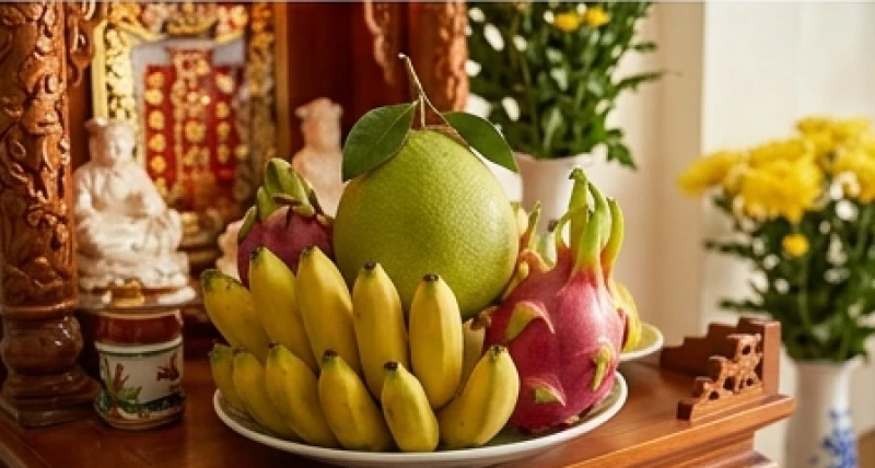 Văn khấn cuối tháng tại cửa hàng: Bài cúng Thần Tài và giờ đẹp 3 Mâm ngũ quả tươi sáng đặt trên ban thờ Thần Tài Thổ Địa của cửa hàng bán lẻ