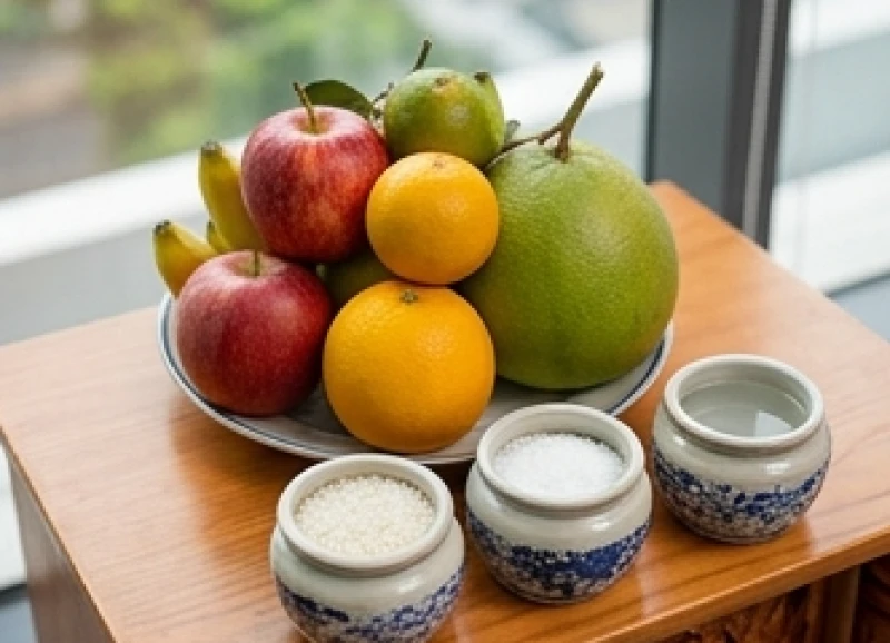 Mâm ngũ quả tươi cùng ba hũ gạo muối nước đặt trang trọng trên bàn thờ Thần Tài