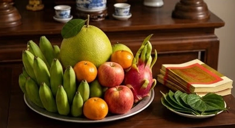 Đĩa ngũ quả tươi ngon gồm chuối, bưởi, táo, quýt và thanh long được bày biện đẹp mắt cạnh tập tiền vàng