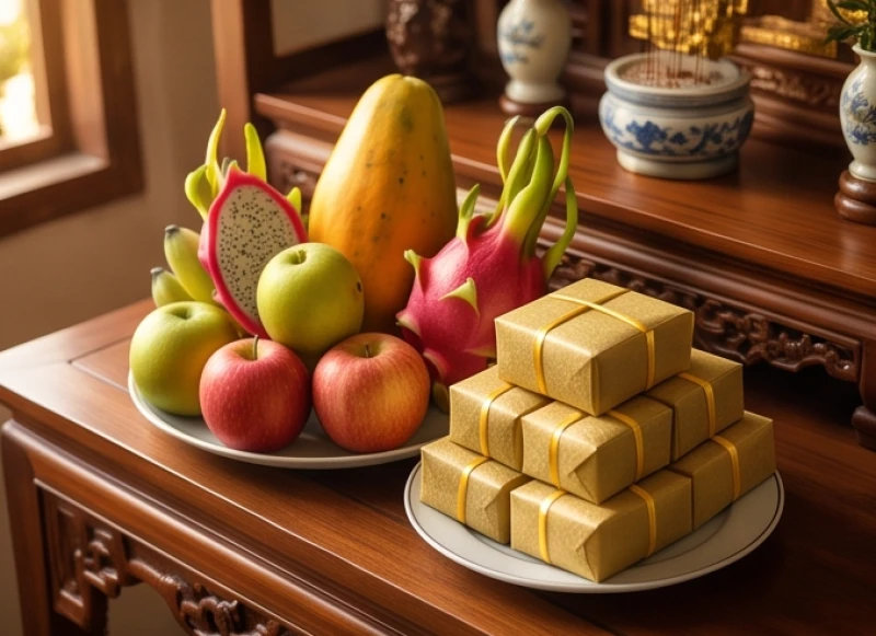 Mâm ngũ quả tươi ngon cùng đĩa bánh đậu xanh được bày biện đẹp mắt trên bàn thờ gia tiên