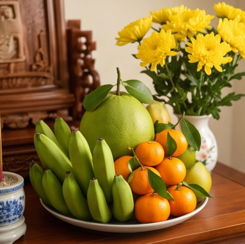 Mâm ngũ quả tươi ngon với chuối xanh bưởi vàng được bày biện đẹp mắt trên ban thờ