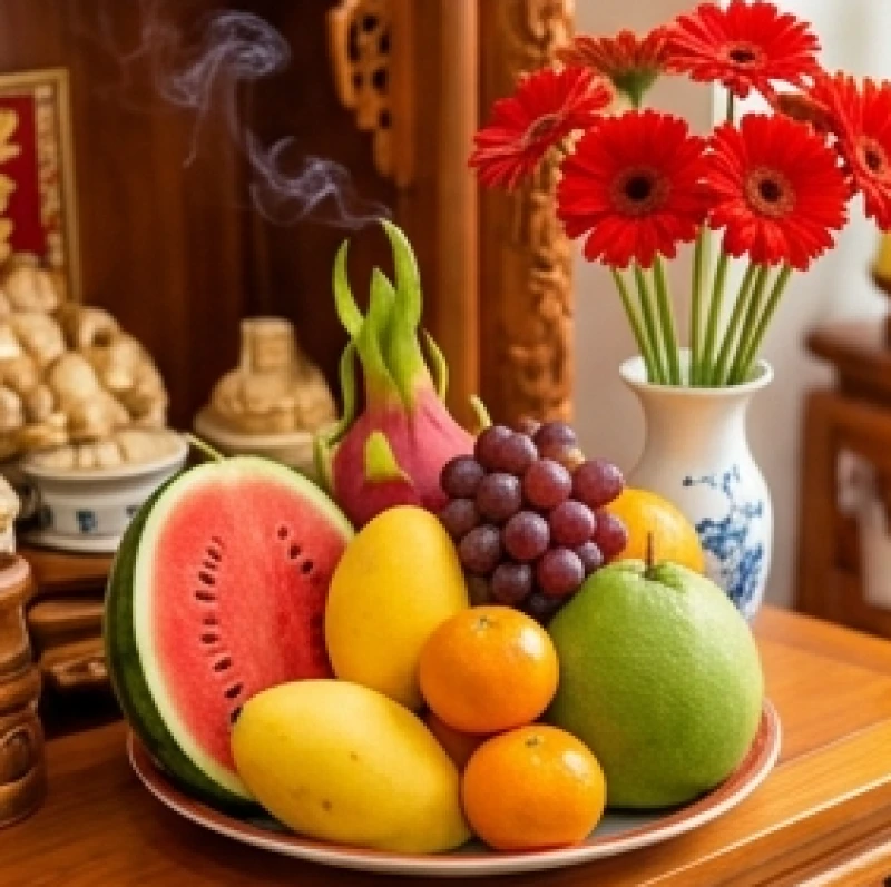 Mâm ngũ quả tươi sáng màu cùng bình hoa đồng tiền đỏ đặt trên bàn thờ Thần Tài Thổ Địa