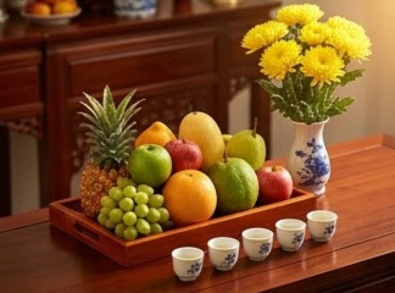 Văn khấn ngày vía Thần Tài: Bài cúng chuẩn cho mọi mô hình 2 Mâm ngũ quả tươi cùng bình hoa cúc vàng trang trọng dâng lên ban thờ Thần Tài