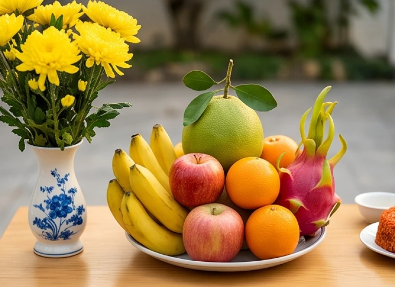 Đĩa ngũ quả tươi tắn cùng bình hoa cúc vàng rực rỡ tượng trưng cho tài lộc và bình an