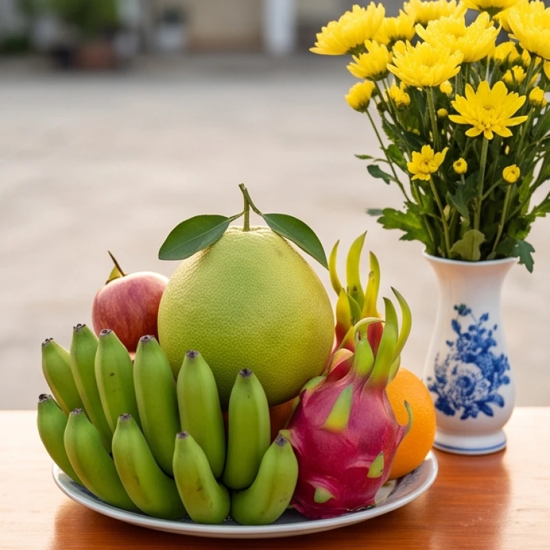 Mâm ngũ quả tươi ngon cùng bình hoa cúc vàng rực rỡ được sắp xếp trang nghiêm cho lễ cúng xe gia đình